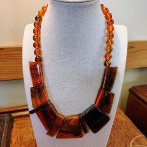 VTG Faux AMBER/Tortoise SHELL LUCITE CHUNKY PANEL BIB NECKLACE Root Beer